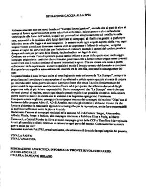 RadioAzione wrote a new post, Italia: Cellula Damiano Bolano - FAI/FRI rivendica i pacchi ad Europol e La Stampa, on the site RadioAzione