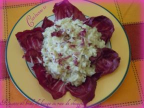 Risotto di brodo di bosega su rosa di chioggia
