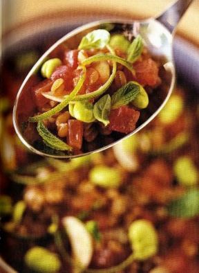 Farro al pomodoro, fave e lime