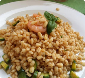 Insalata d’orzo con zenzero, zucchine e gamberetti alla paprica dolce.
