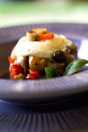 Tortino di melanzane perline, chévre fondente