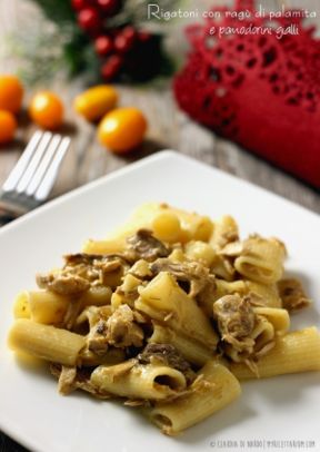 Rigatoni con ragù di palamita e pomodorini gialli