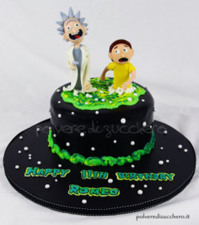 Torta decorata con  Rick e Morty tridimensionali in pasta di zucchero per il compleanno di un bimbo, Rick & Morty cake