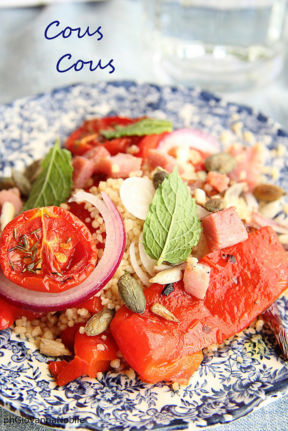 Cous Cous con prosciutto cotto al basilico Lenti, peperoni marinati, cipollotto di Tropea e pomodori al forno con timo